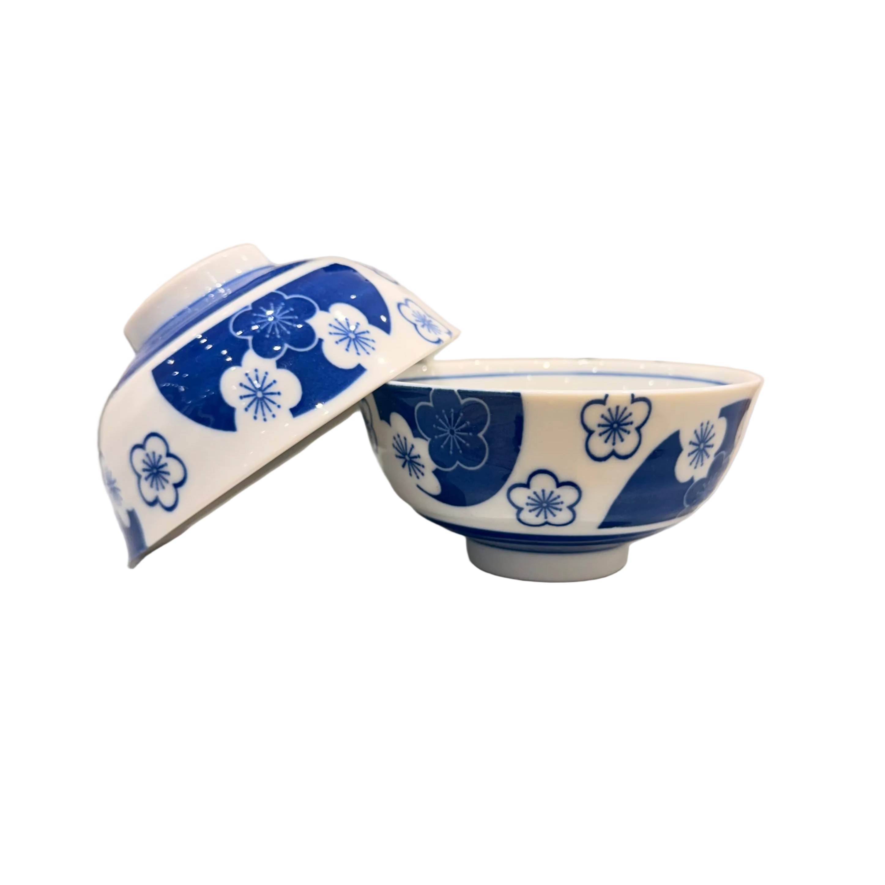 Gift Set of Two Bowls - Mino Ware "Aizome Engi" Plum Blossom Rice Bowl