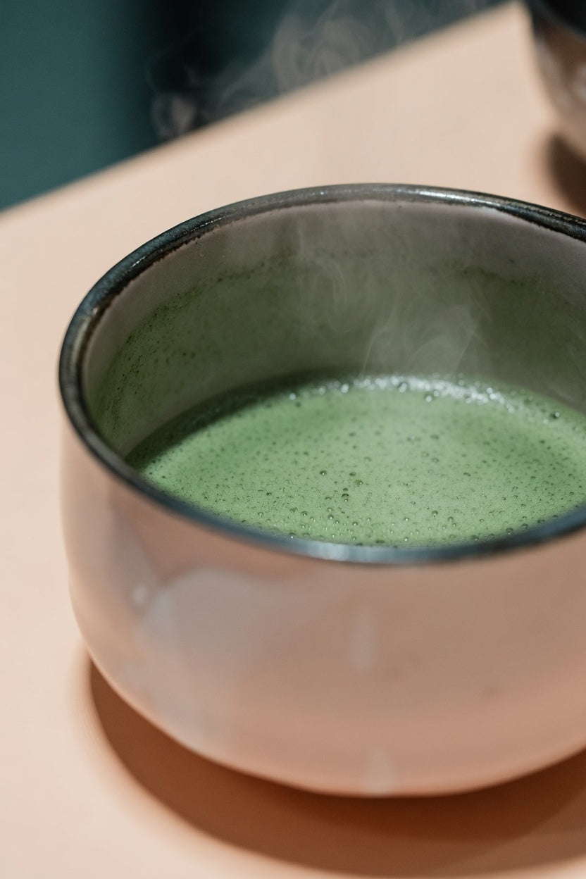 Close view of matcha in a bowl, steam rising.
