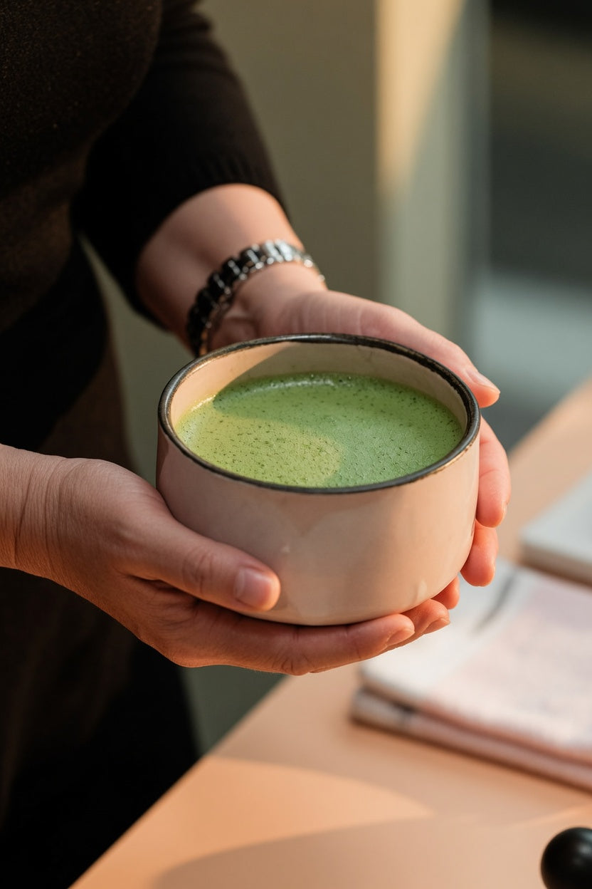 Two hands holding a bowl of frothy matcha.
