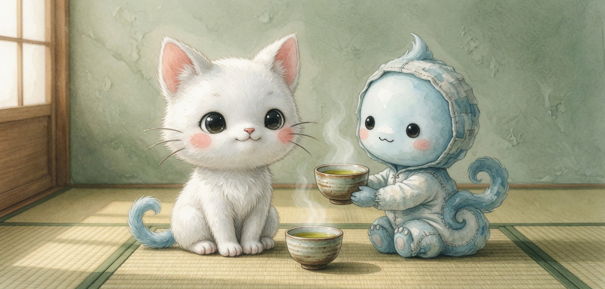 The Zen Concept cat and dragon mascots sharing tea on tatami.