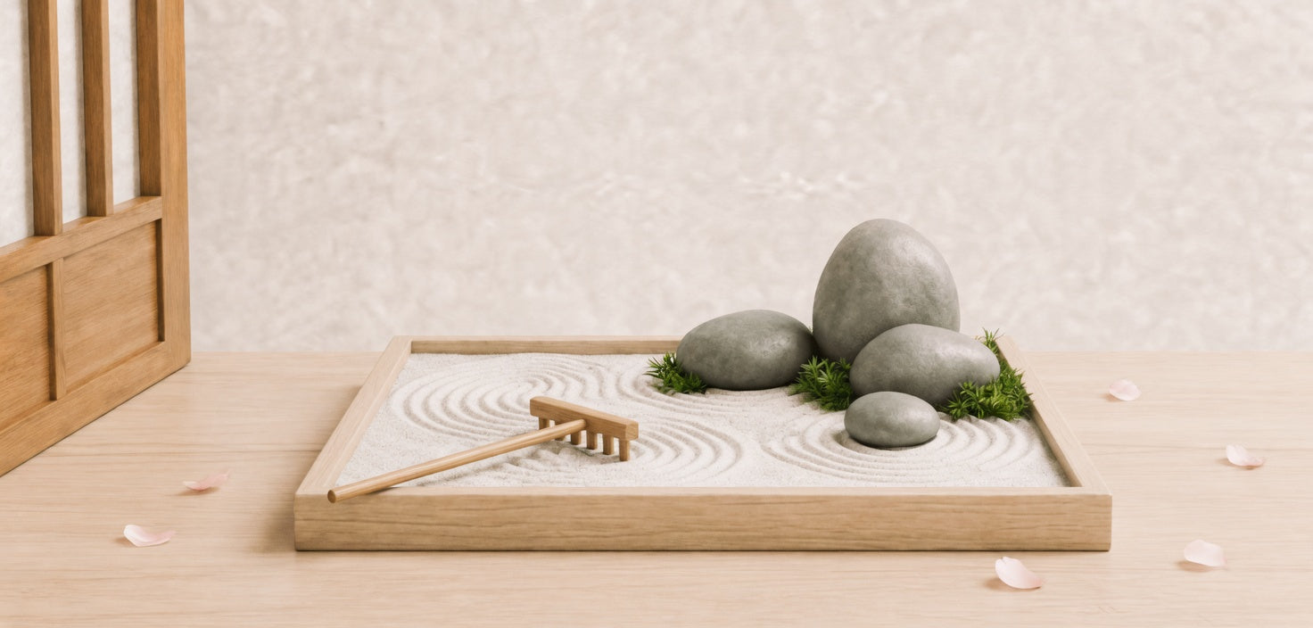 A miniature zen garden: white sand, a tiny rake, and three stones on pale wood.