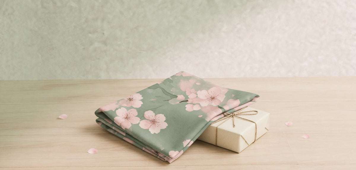 A sage and pink wrapping cloth folded on a wooden table.