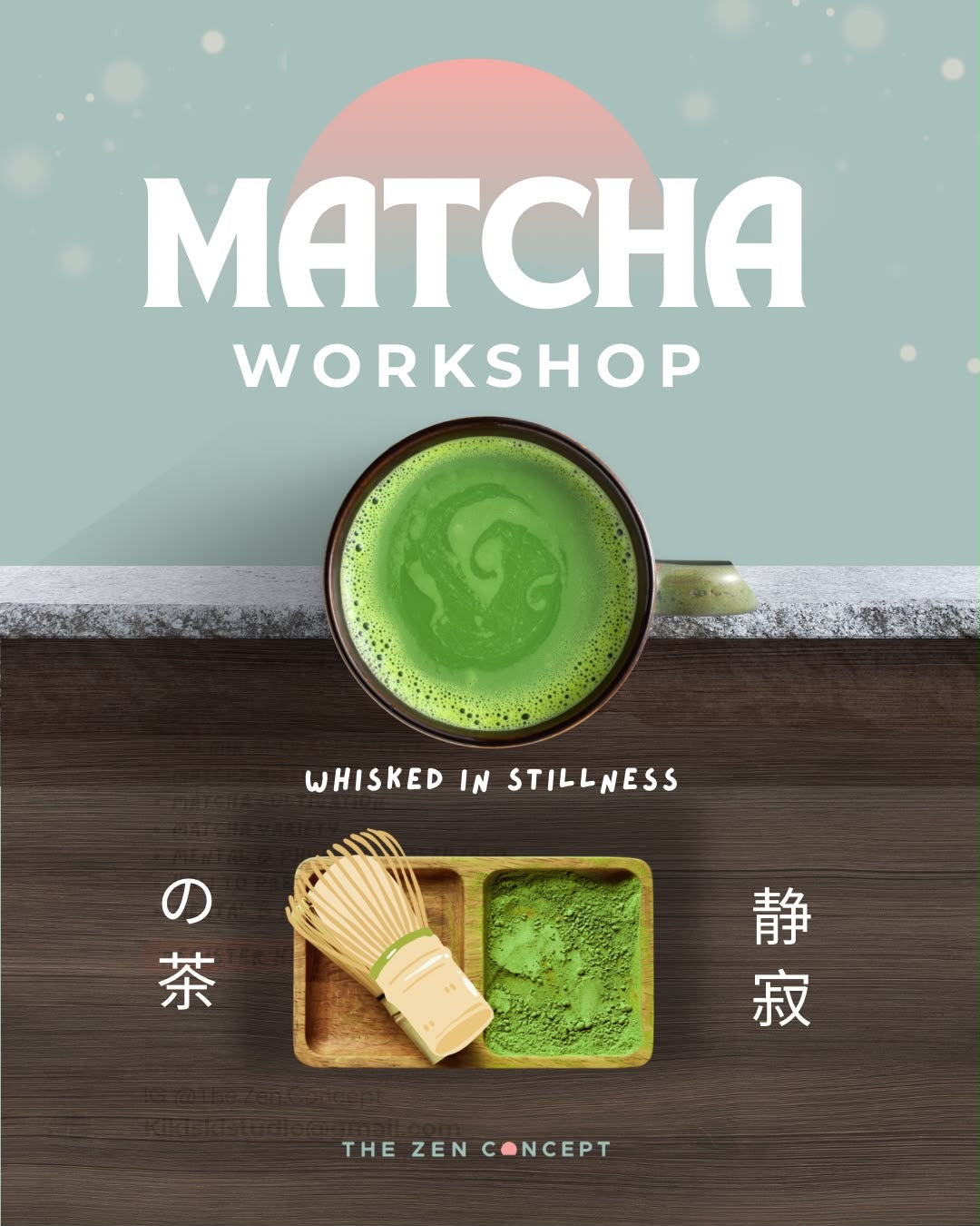 Matcha workshop poster with a bowl of tea and a bamboo whisk.